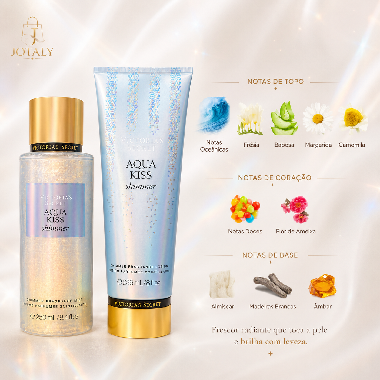 Kit Victoria’s Secret Aqua Kiss Shimmer – Body Splash 250ml + Loção Corporal 236ml