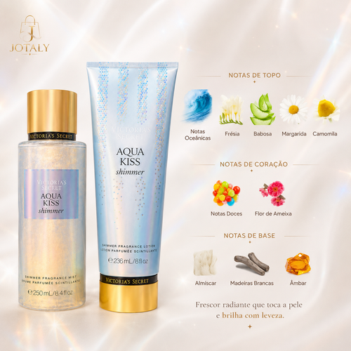 Kit Victoria’s Secret Aqua Kiss Shimmer – Body Splash 250ml + Loção Corporal 236ml