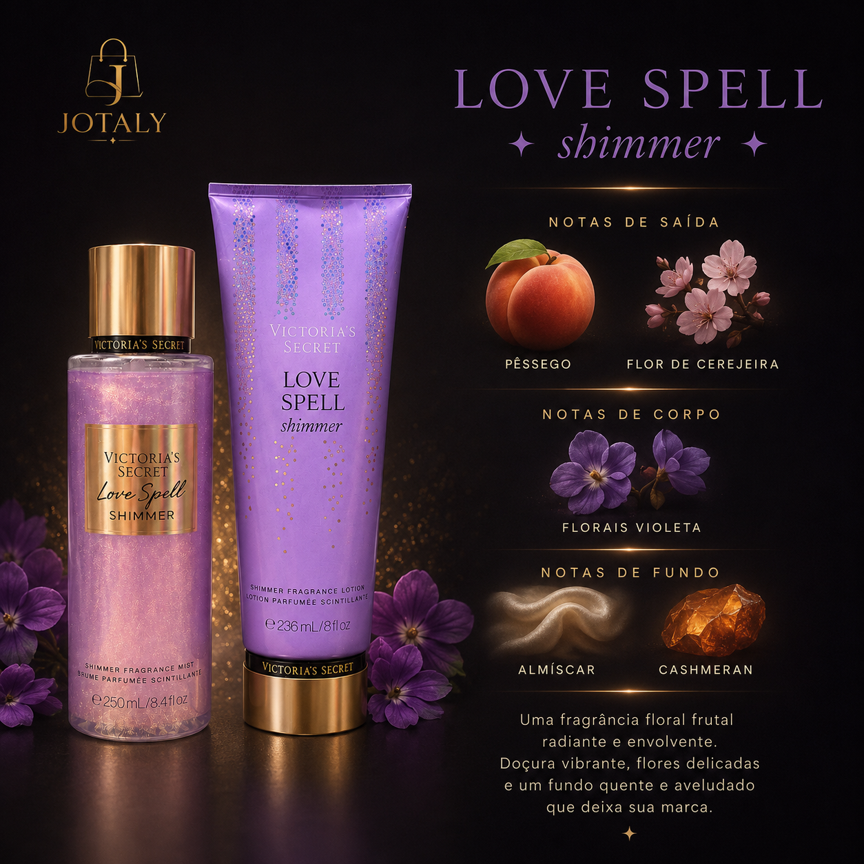 Kit Victoria’s Secret Love Spell Shimmer – Body Splash 250ml + Loção Corporal 236ml